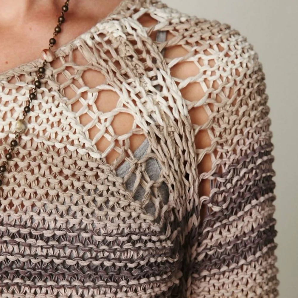 Free People Desert Moon Sweater Sand Striped Open Knit Pullover Wide Neck MEDIUM
